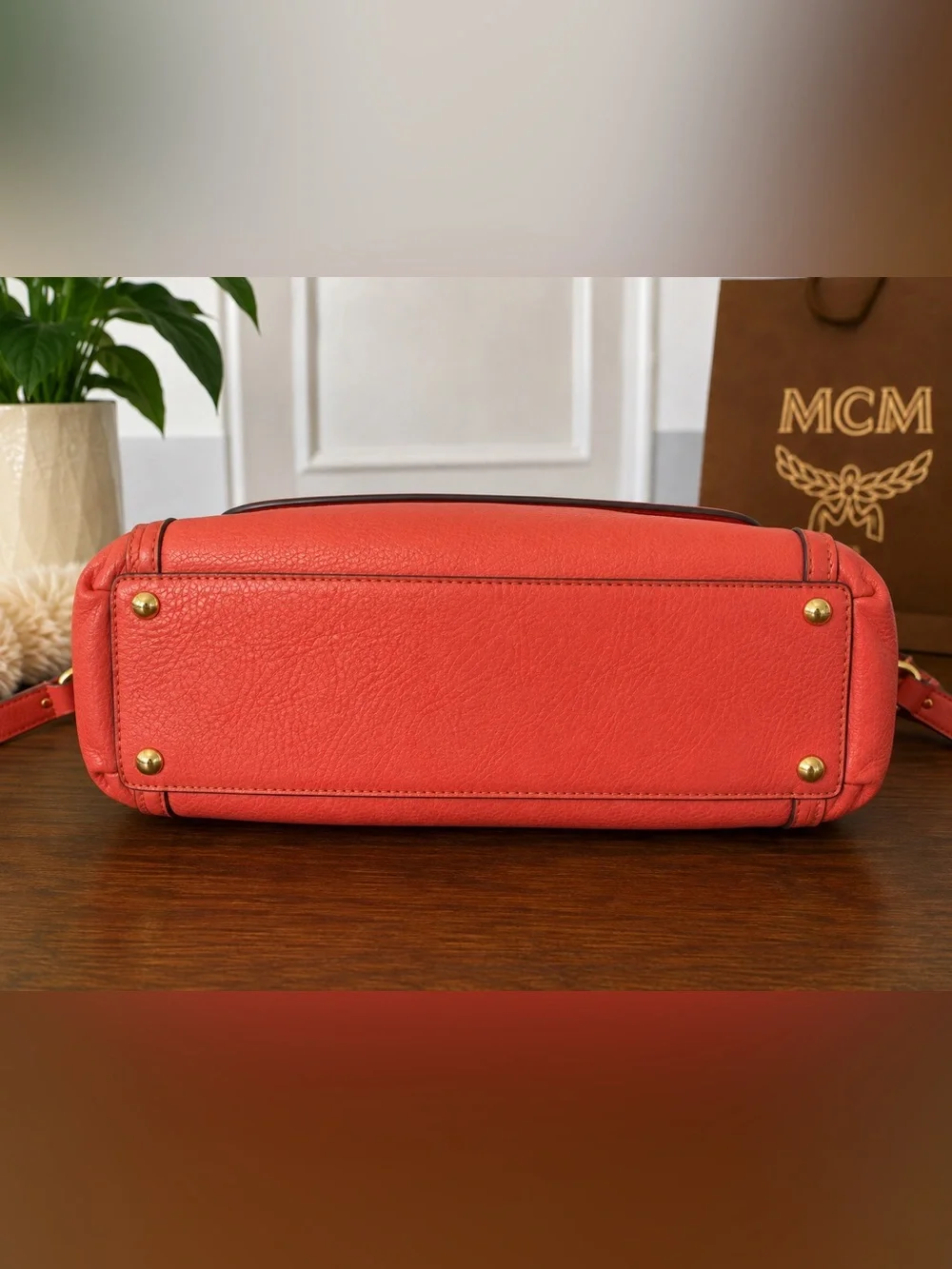 MCM Coral Pebbled Leather Turn Lock Satchel Shoulder Bag Authenticated